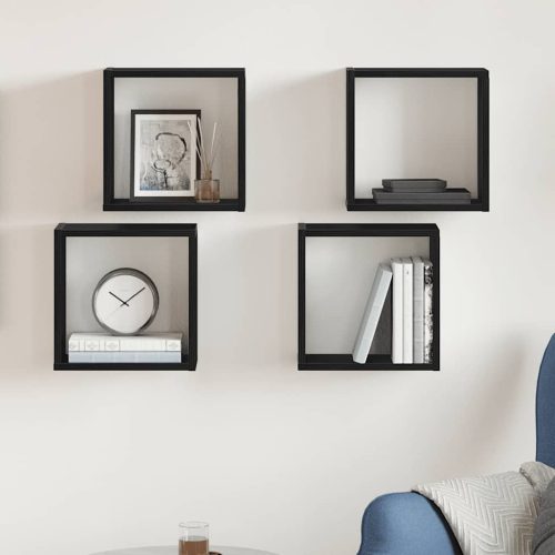  4 db fekete tölgyszínű szerelt fa fali kockapolc 30x15x30 cm