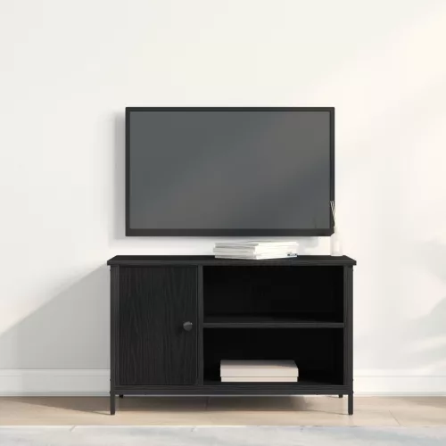  TV Szekrény Fekete Tölgy 80x40x50 cm Mérnöki Fa és Acél