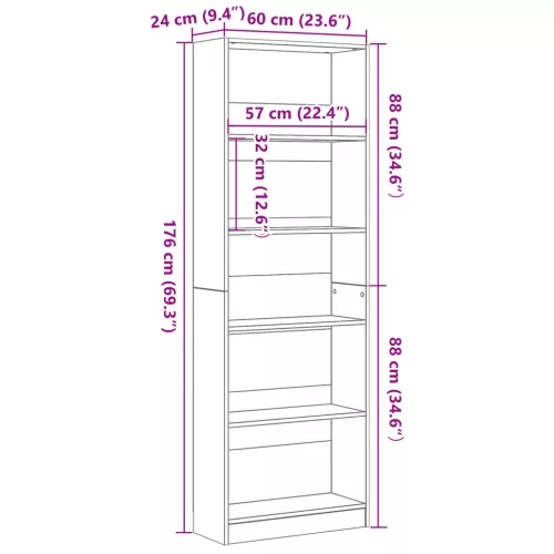  Fekete Tölgy Könyvespolc - 60 x 24 x 176 cm, Műanyag Fából