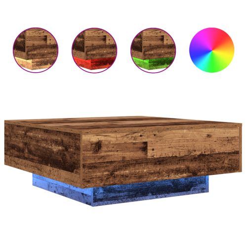  Kávézóasztal LED világítással Régi fa 80x80x31 cm