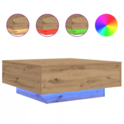  LED világítással ellátott kávézóasztal, ipari tölgy, 80x80x31 cm