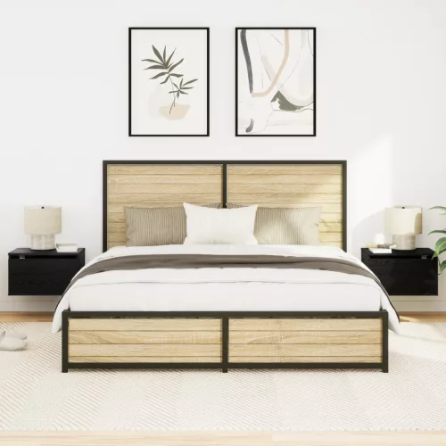  Éjjeli Asztalok LED Fénnyel 2 db Falra Szerelhető Fekete Tölgy