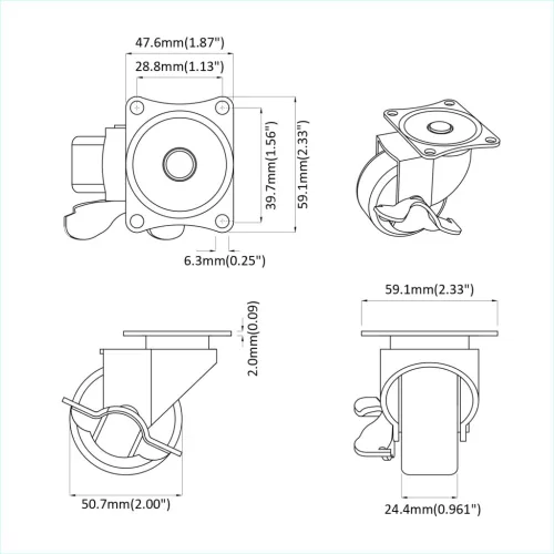  Kerekek 12 pcs Fekete és ezüst 63 x 48 x 46 mm Vas és nylon