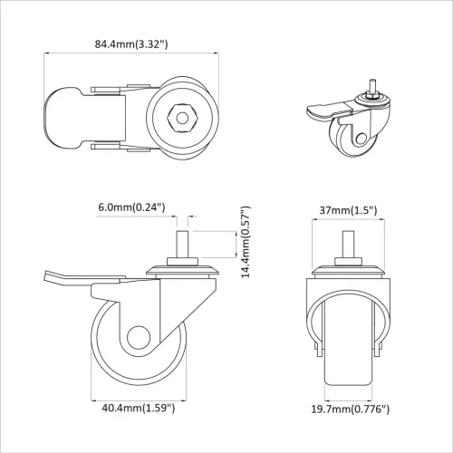  Kerekek 2 pcs Fekete M6 x 1.5 mm Vas és Nylon