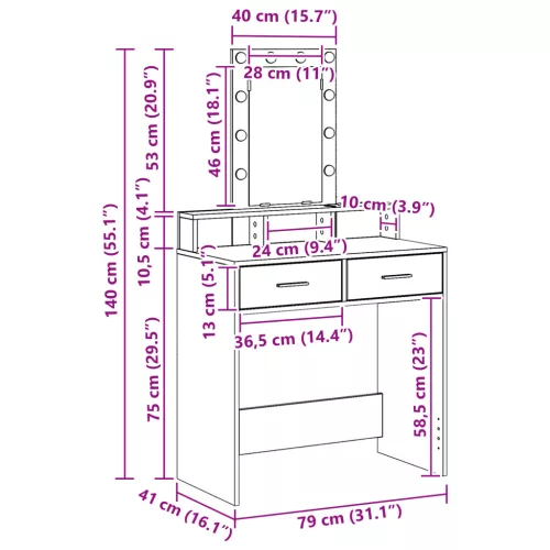  LED világításos sminktükör Kézműves tölgy 79x41x140 cm