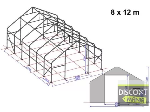 TP Everest 8x12m 3m oldalmagas raktársátor nehezen éghető PRIMEtex 2300 ponyvával, tetőablakkal, szürke