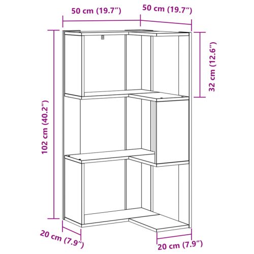  3-szintes Sarok Könyvespolc Fekete Tölgy 50x50x102 cm Műgyanta