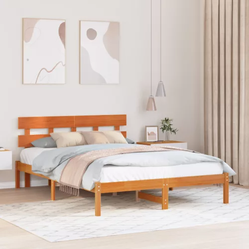  Ágykeret Fejvéggyel Viaszbarna 140x200 cm Tömör Fa Fenyő