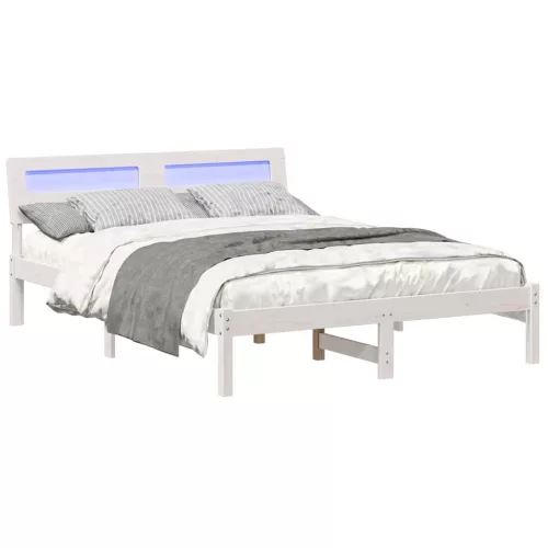 Ágykeret LED -es lámpákkal fejtámlával Fehér 120 x 190 cm Tömör fenyőfa