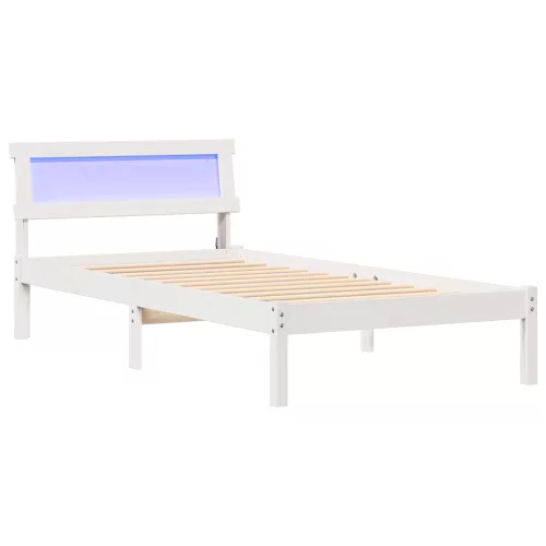  Ágykeret LED Fejtámlával, Fehér, 90 x 200 cm, Tömör Fenyő