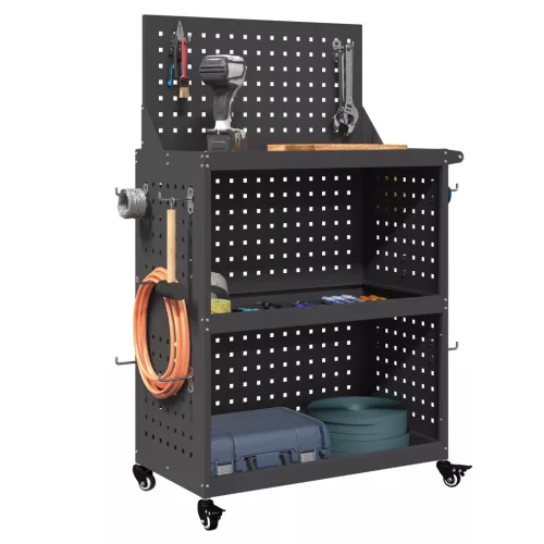  Eszköz Kocsi polcokkal kerékkel tárolóval Fekete 65 x 35 x 111 cm Porszórt Acél