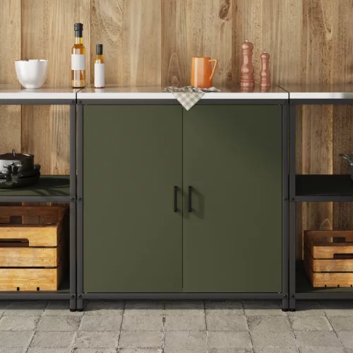  Konyhai tárolószekrény polcokkal tárolóval ajtóval Olívazöld 60 x 50 x 92 cm Acél