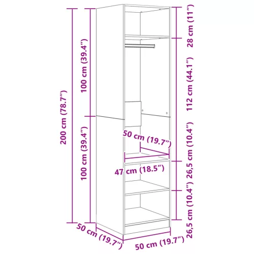  Ruhásszekrény polcokkal tárolóval Musta tammi 50 x 50 x 200 cm Faanyag