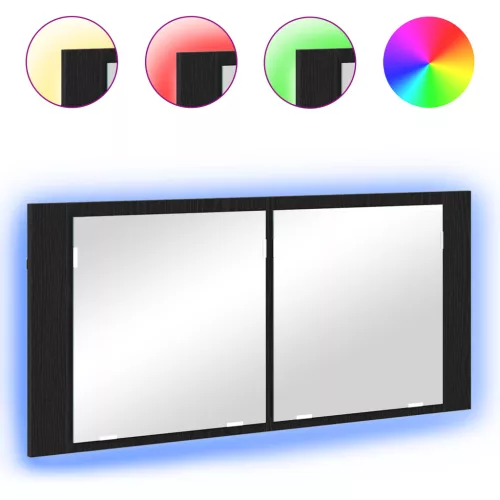  LED Tükörszekrény Fekete Tölgy 100x12x45 cm Fa