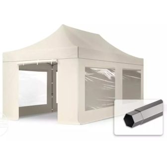 Professional összecsukható sátrak PREMIUM 350g/m2 ponyvával, acélszerkezettel, 4 oldalfallal, panoráma ablakkal - 3x6m krém