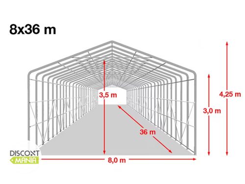 TP WIKINGER 8x36m 3m oldalmagas ponyvagarázs / sátorgarázs, PVC 850 ponyva - szürke