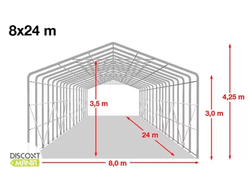 TP WIKINGER 8x24m 3m oldalmagas ponyvagarázs / sátorgarázs, PVC 850 ponyva - szürke