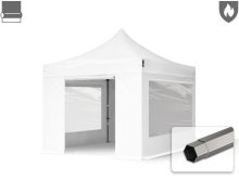  Professional összecsukható sátor PREMIUM 520g/m2 tűzálló ponyvával, acélszerkezettel, 4 oldalfallal, panoráma ablakkal - 3x3m fehér