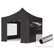   Professional összecsukható sátrak PREMIUM 350g/m2 ponyvával, acélszerkezettel, 4 oldalfallal, panoráma ablakkal - 3x3m fekete