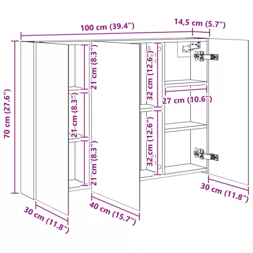  Fürdőszobai tükörszekrény Sonoma tölgy 100 x 14,5 x 70 cm