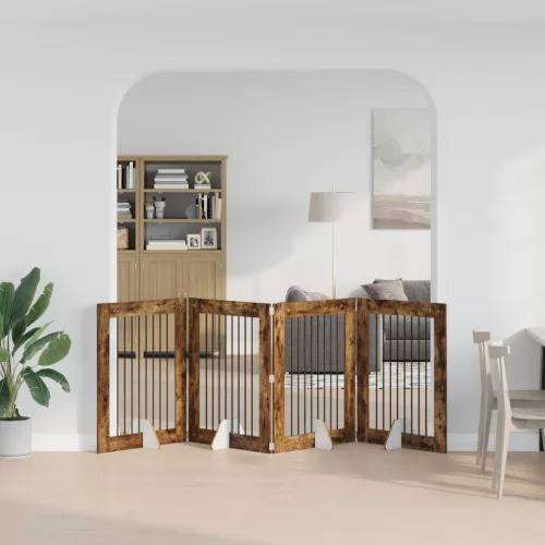  Kutyakerítés állványokkal 4 pcs Füstös Tölgy 80 x 100 cm