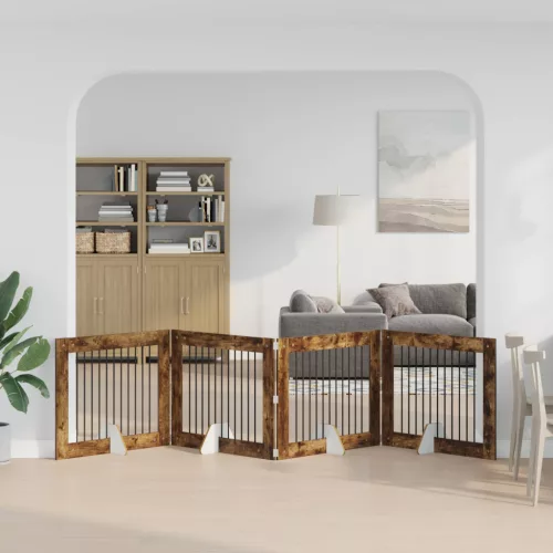  Kutyakerítés állványokkal 4 pcs Füstös Tölgy 100 x 80 cm