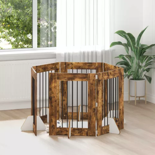  Kutyakerítés állványokkal 6 pcs Füstös Tölgy 60 x 80 cm