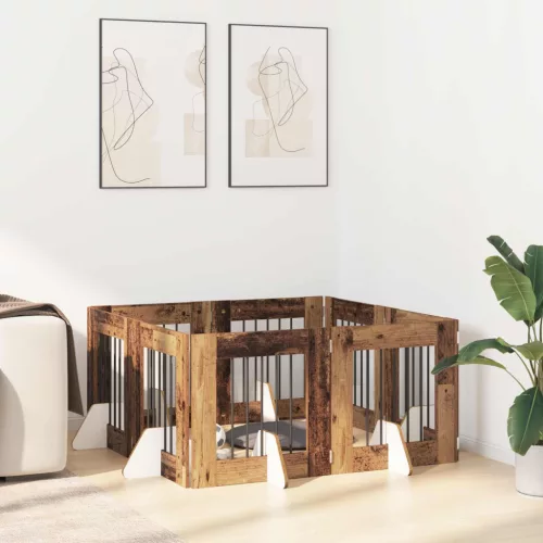  Kutyakerítés állványokkal 8 pcs Antik Fa 60 x 60 cm Szerelt Fa