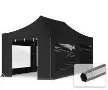   Professional összecsukható sátrak PREMIUM 350g/m2 ponyvával, acélszerkezettel, 4 oldalfallal, panoráma ablakkal - 3x6m fekete