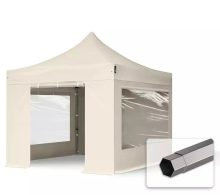   Professional összecsukható sátrak PREMIUM 350g/m2 ponyvával, acélszerkezettel, 4 oldalfallal, panoráma ablakkal - 3x3m krém