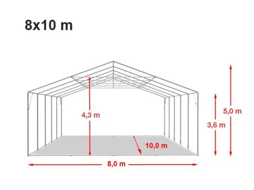 TP Vario 8x10m 3,6m oldalmagas raktársátor, bejárat típusa: standard