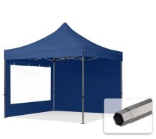   Professional összecsukható sátrak PREMIUM 350g/m2 ponyvával, acélszerkezettel, 2 oldalfallal, panoráma ablakkal - 3x3m kék
