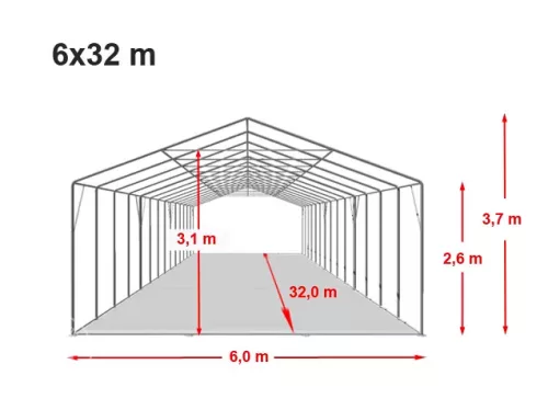 TP Professional 6x32m 2,6m oldalmagas raktársátor PVC 800 ponyvával, fehér