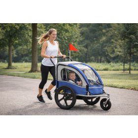 Blue bike trailer and jogger