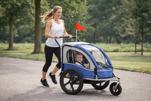 Blue bike trailer and jogger