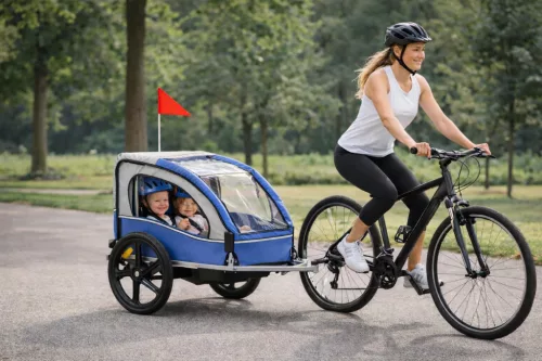 Blue bike trailer and jogger