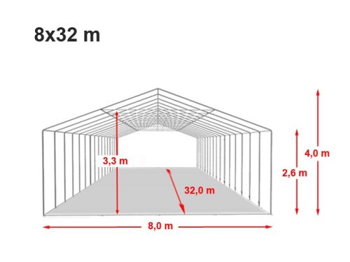 TP 8x32m 2,6m oldalmagas erősített rendezvénysátor, PVC 800 - fehér