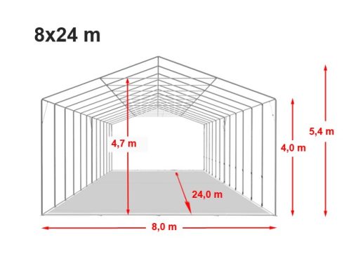 TP Vario 8x24m 4m oldalmagas raktársátor, bejárat típusa: standard